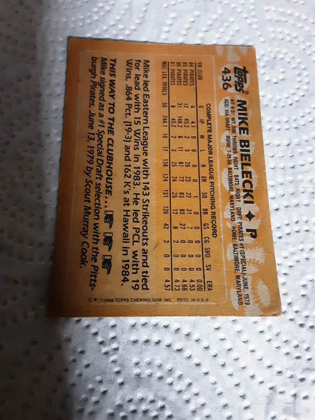 1988 Topps Mike Bielecki Baseball Card - photo 2