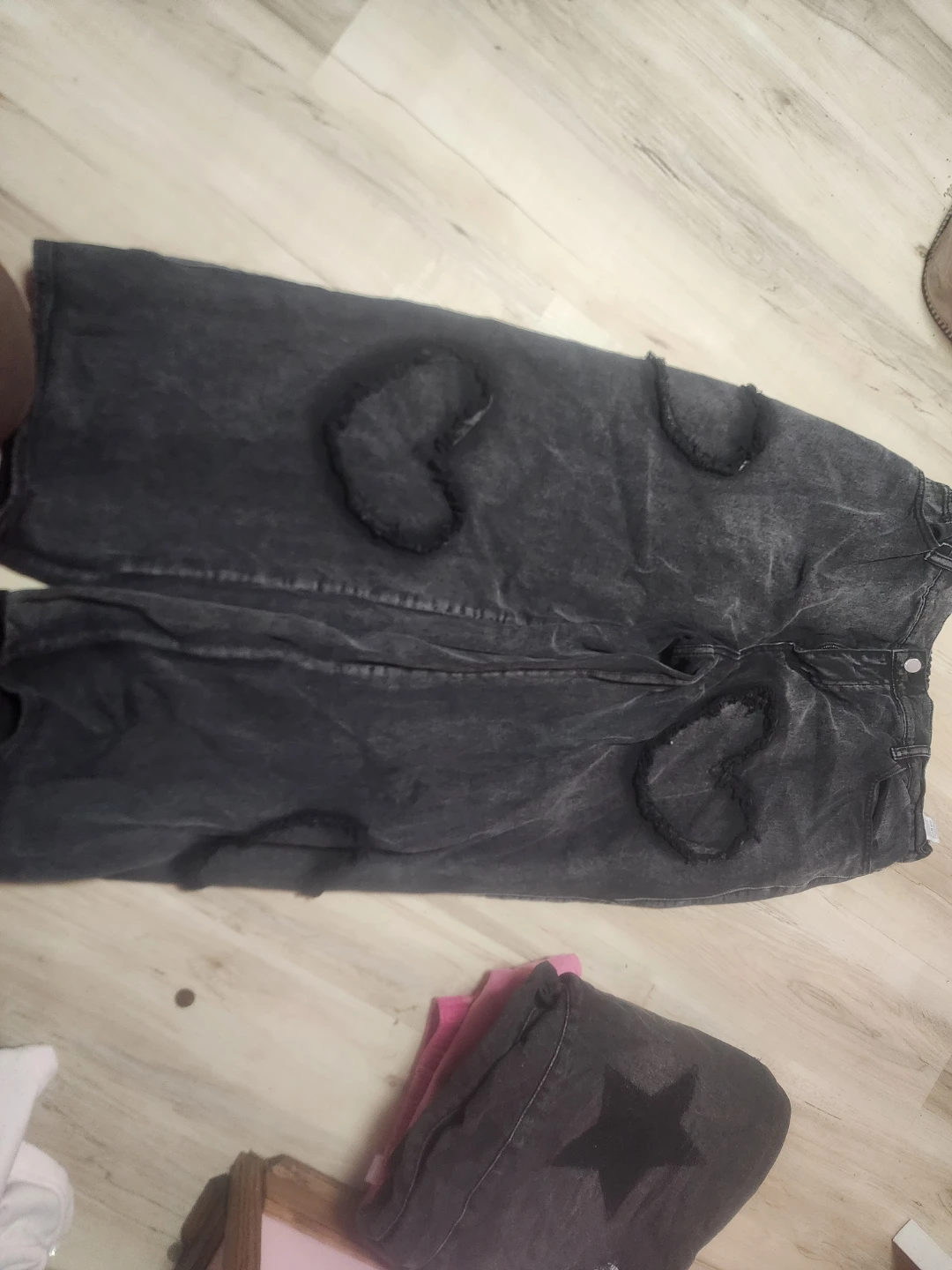 Black Denim Jeans with Heart Appliques