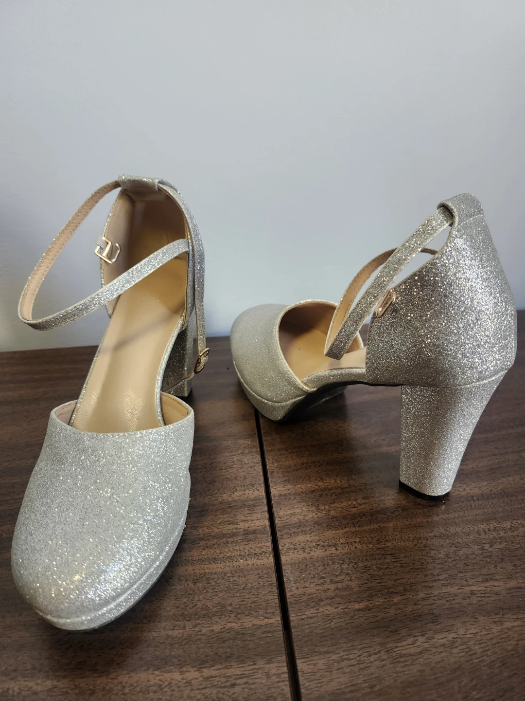 Sparkly Silver Heels with Ankle Strap