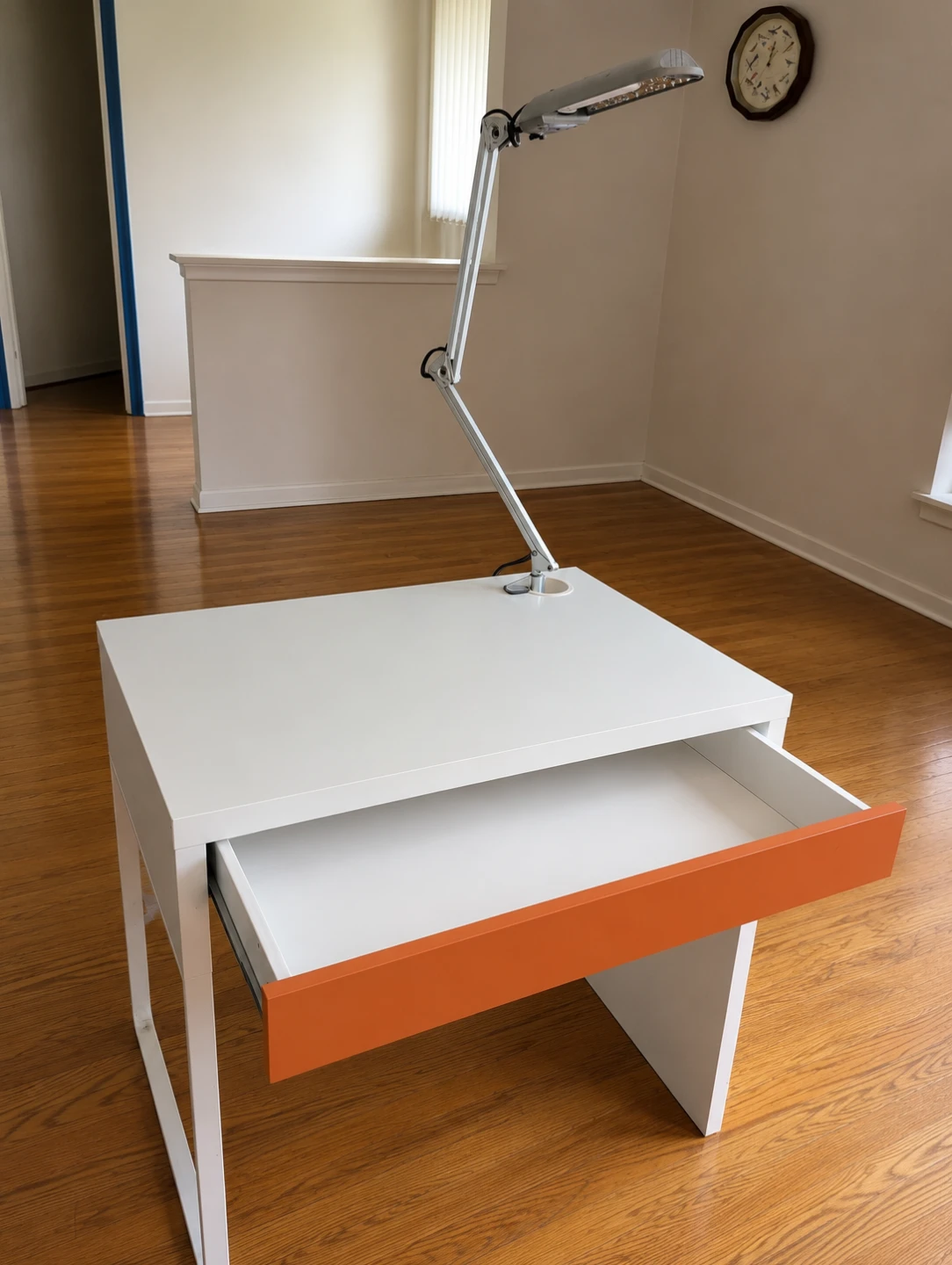 Modern White Desk with Orange Drawer + Adjustable Lamp – $100