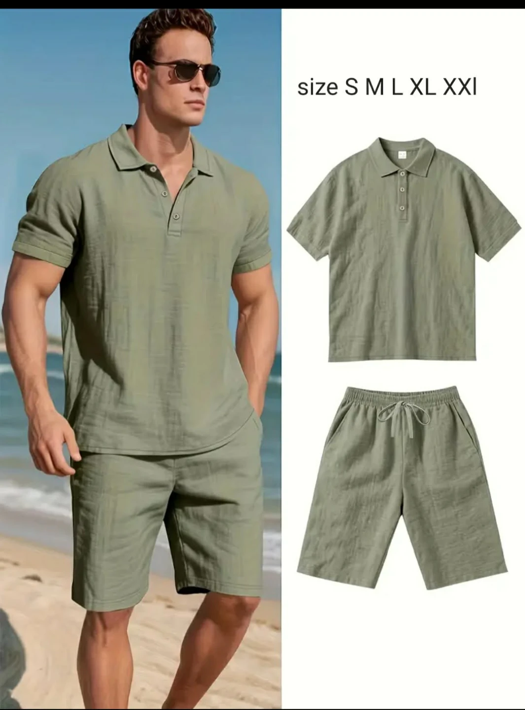 Men's Linen Polo Shirt and Shorts Set