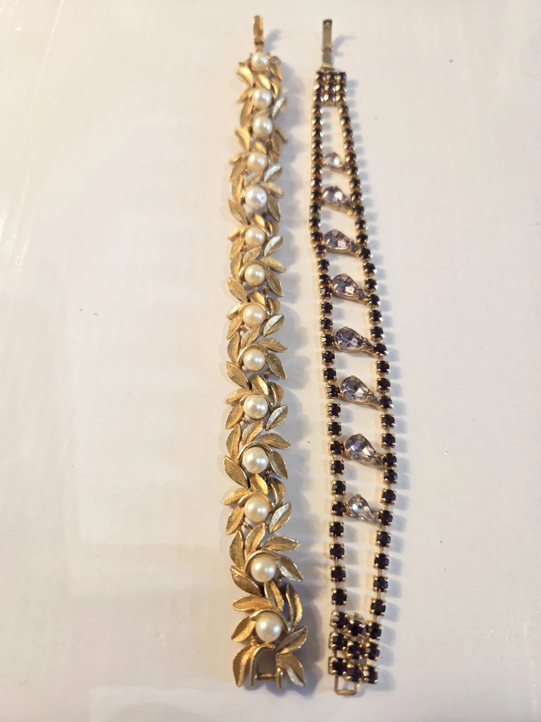 Vintage Pearl Leaf & Purple Crystal Bracelets