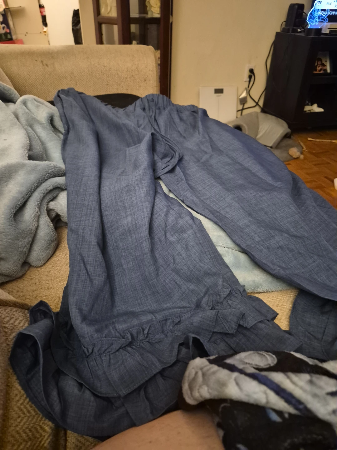 Blue Ruffled Wide Leg Pants