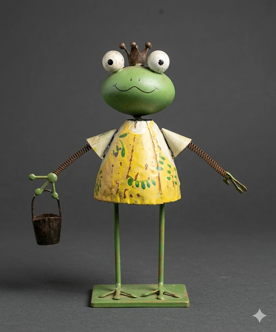 Decorative Metal Frog Figurine with Crown and Bucket