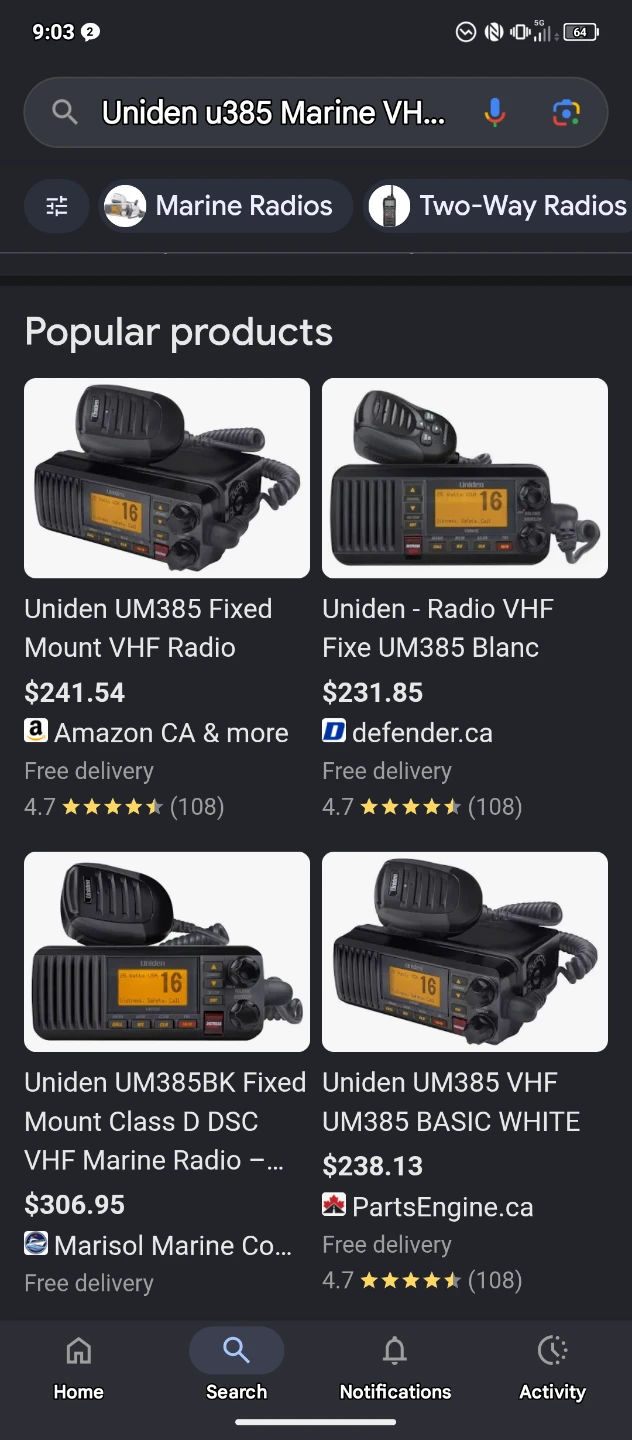 Uniden UM385BK Fixed Mount VHF Marine Radio