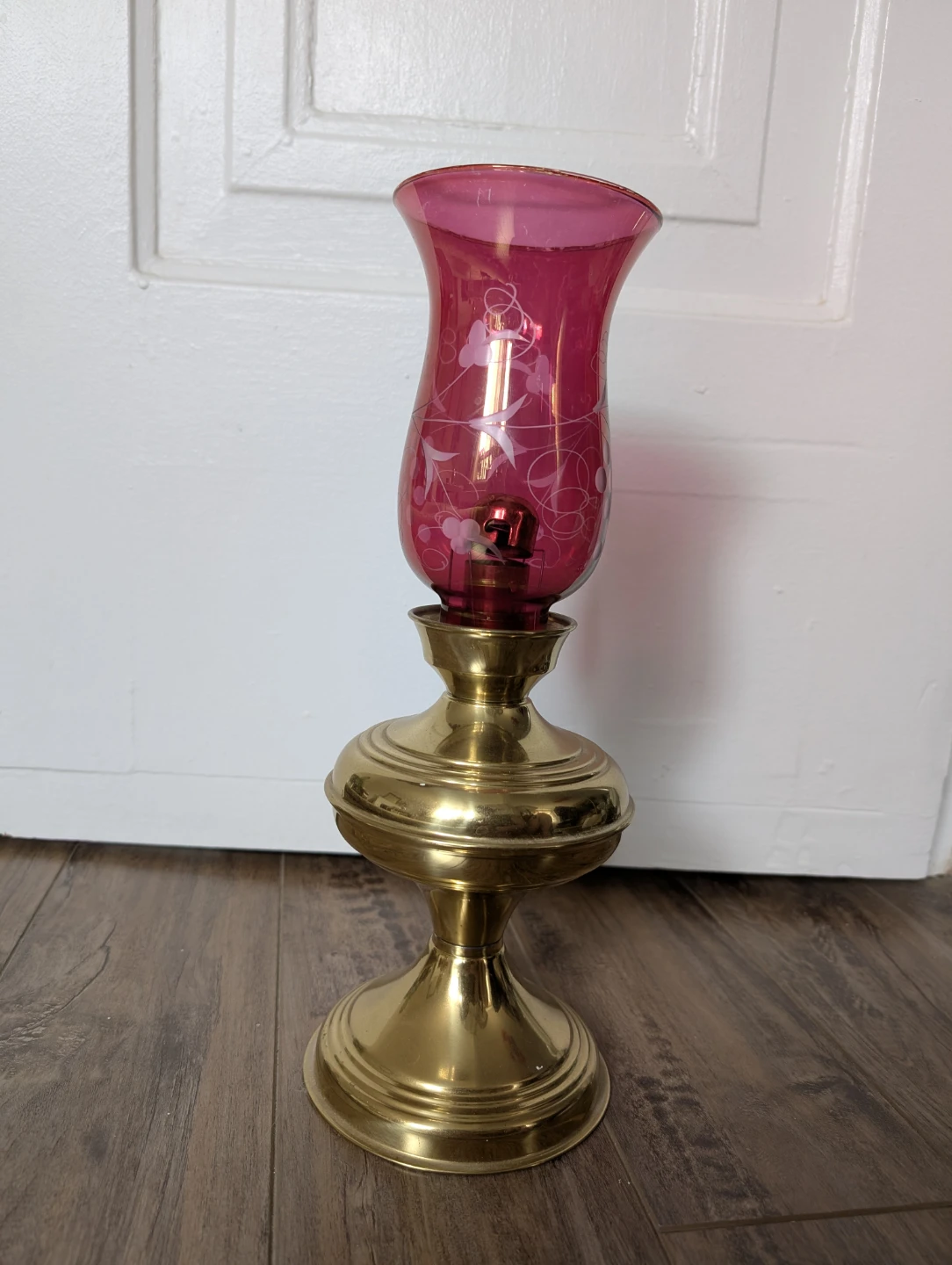 Brass Hurricane Lamp with Pink-Red Glass Shade