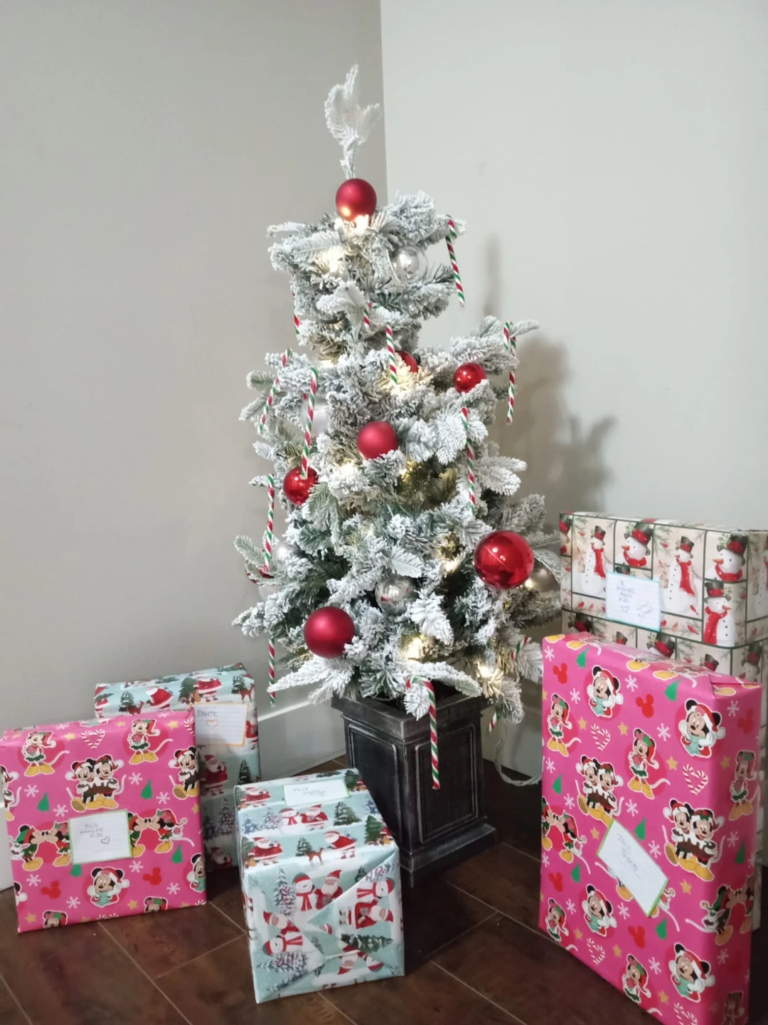 Flocked Christmas Tree with Ornaments and Gifts