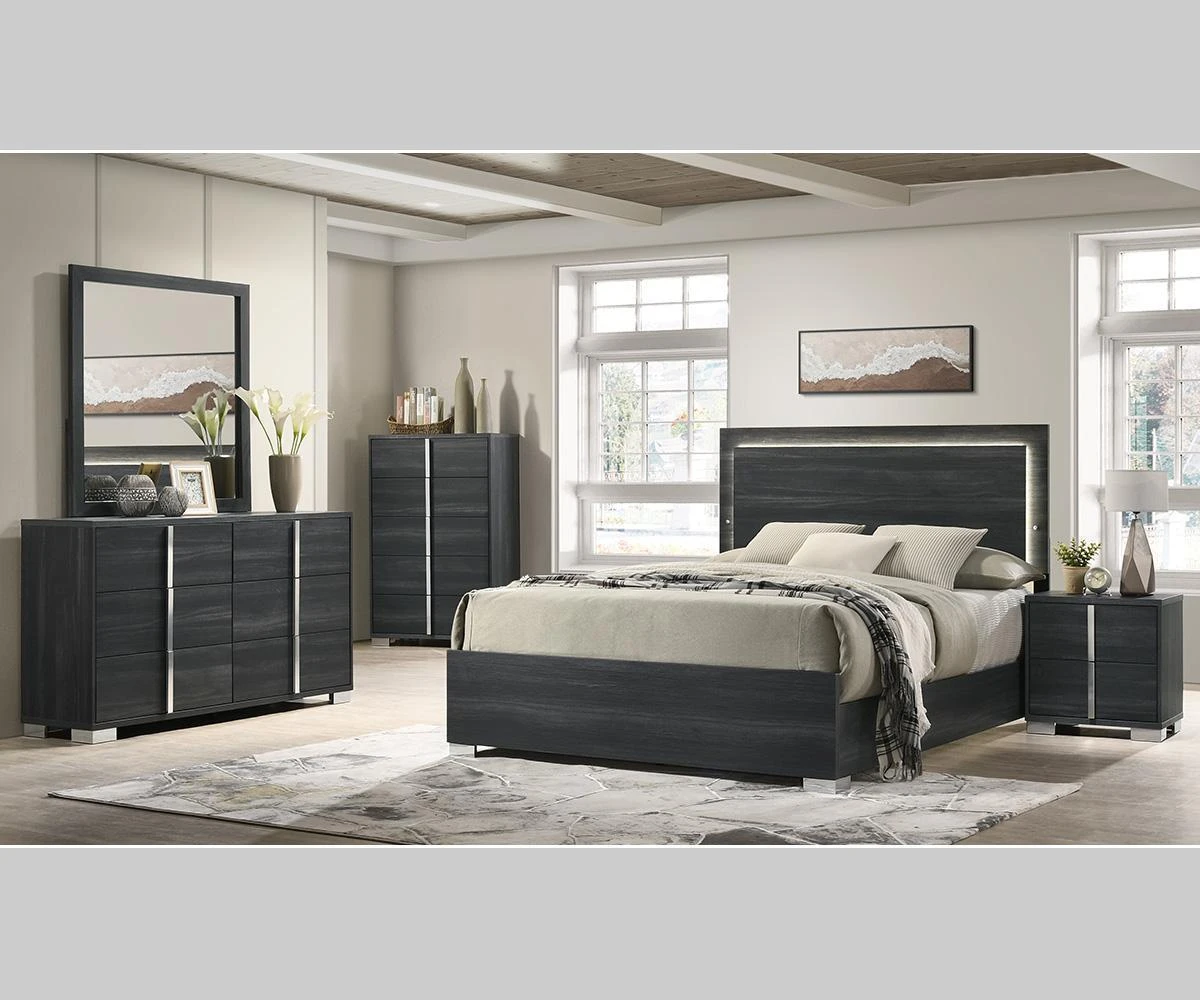 Grey Wooden Bedroom Set with LED Headboard