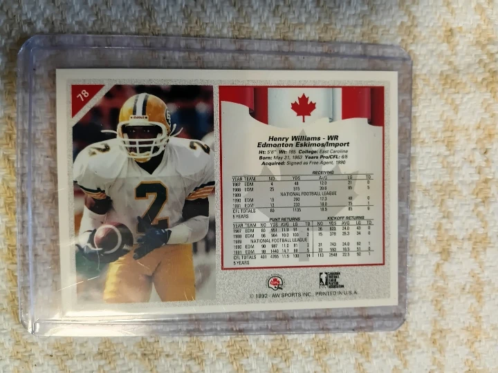 1992 AW Sports Henry Williams Edmonton Eskimos Football Card - photo 2