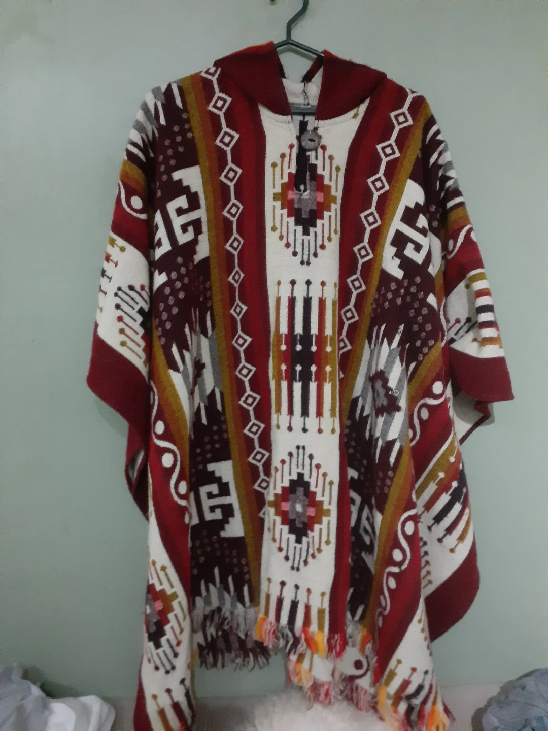 Hooded Poncho with Geometric Pattern