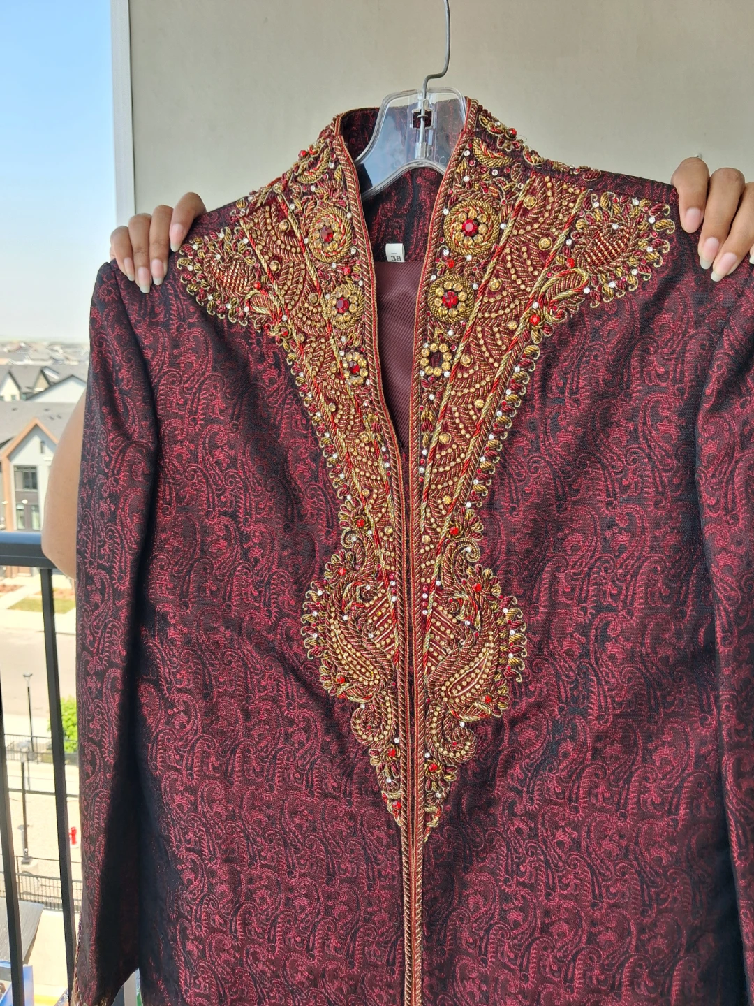Embellished Red Brocade Sherwani Jacket