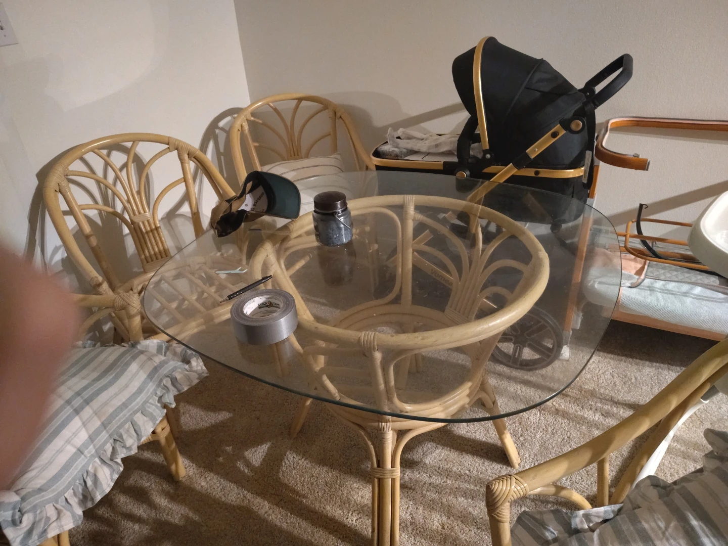 Rattan and Glass Round Dining Table with Chairs