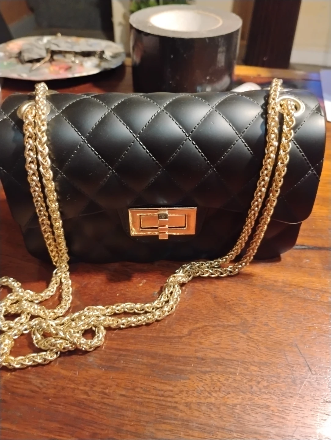 Black Quilted Crossbody Purse with Gold Chain