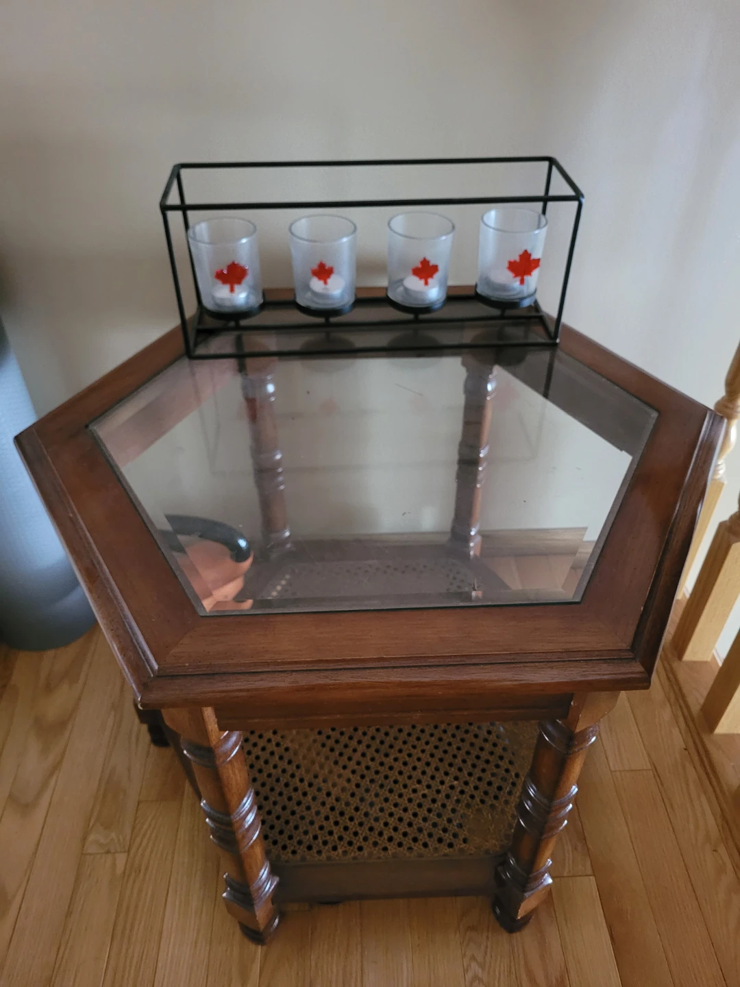 Wooden Side Table with Glass Top and 4 Maple Leaf Votive Holders
