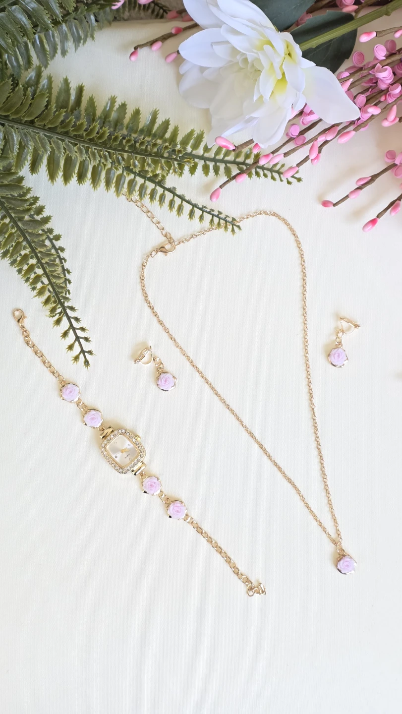 Gold Tone Watch Bracelet & Necklace Set with Rose Accents