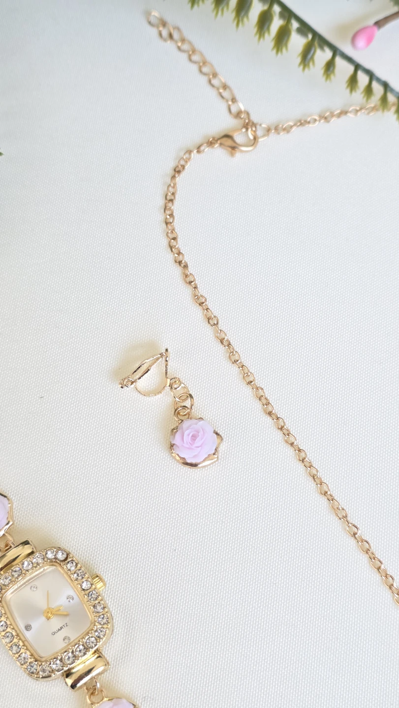 Gold Tone Watch Bracelet & Necklace Set with Rose Accents - photo 3
