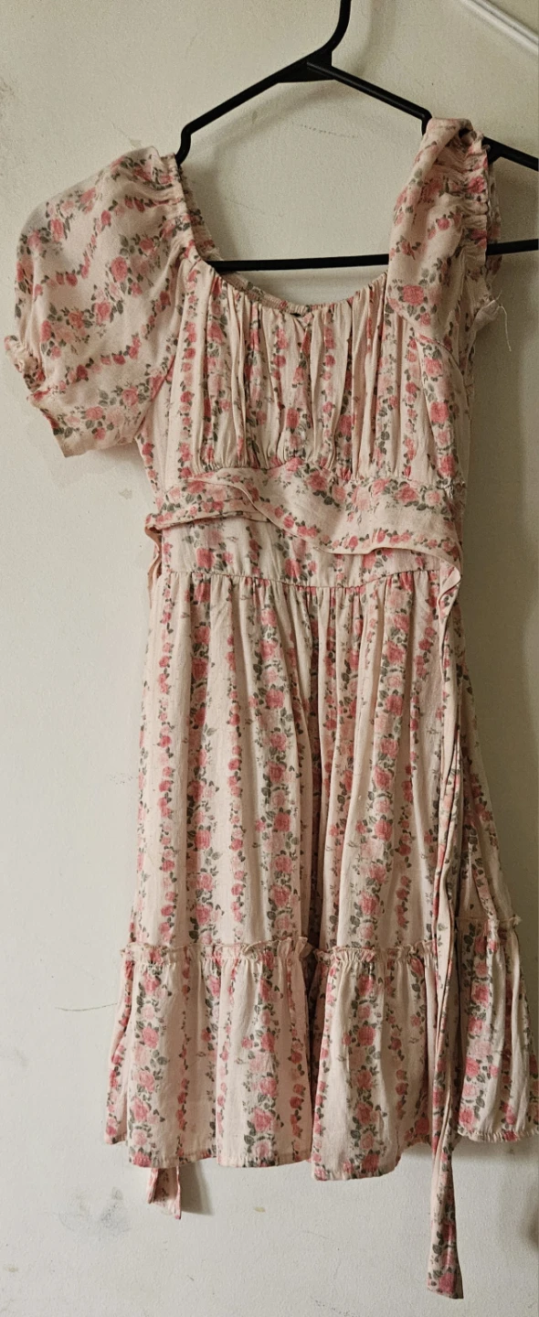 Pink Floral Puff Sleeve Midi Dress