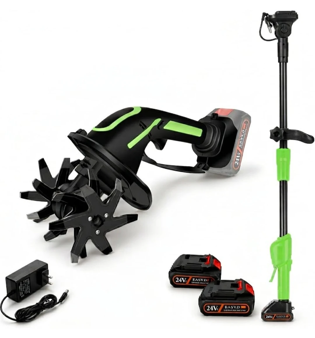 24V Cordless Garden Tiller with 2 Batteries and Charger