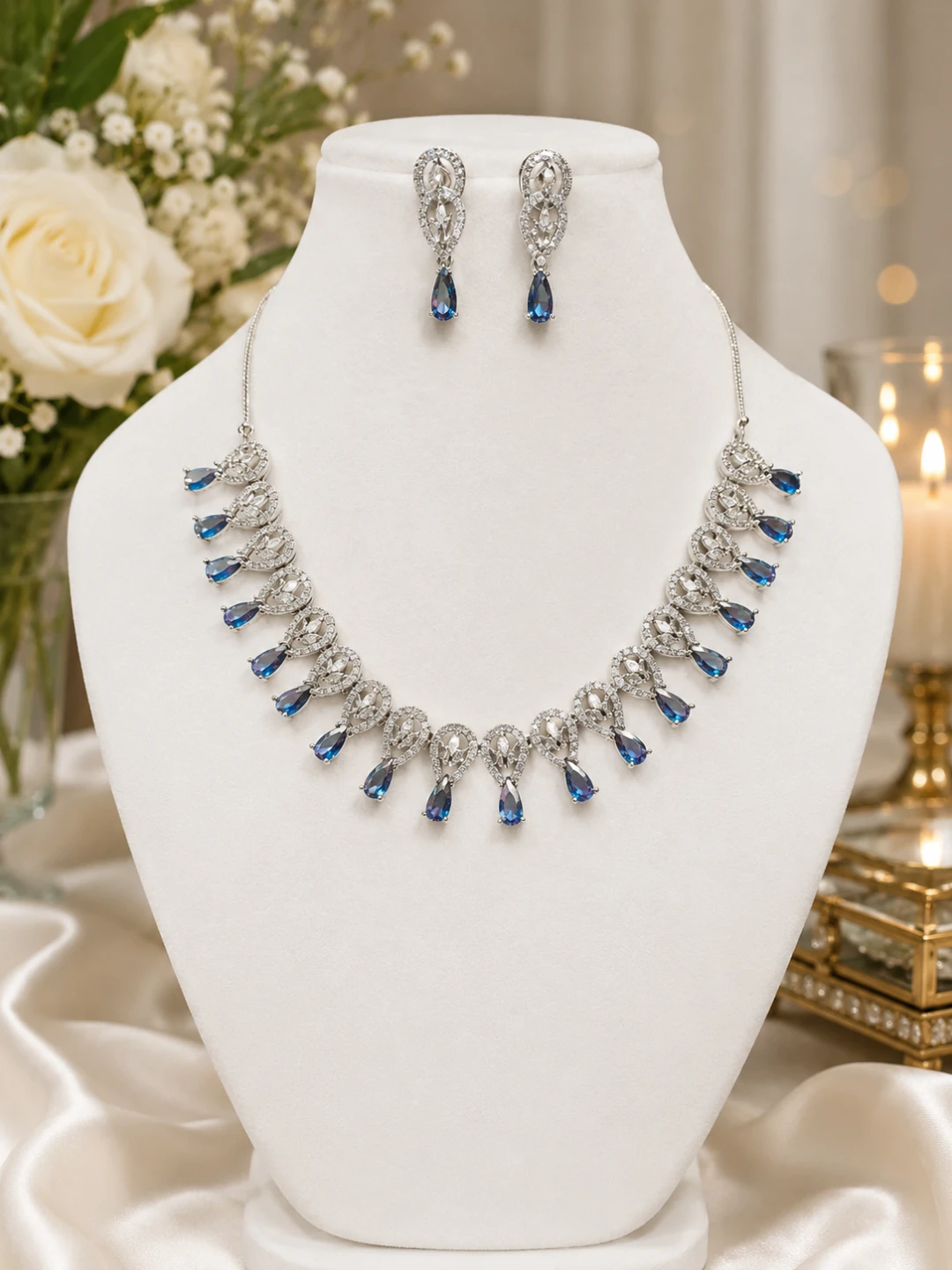 Silver Necklace and Earring Set with Blue Gems