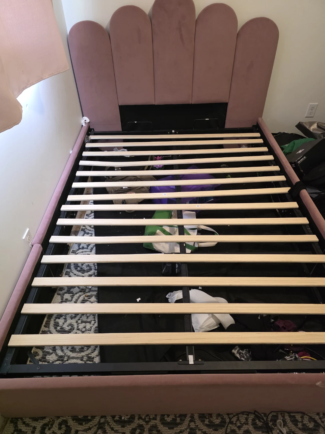 Pink Velvet Bed Frame with Scallop Headboard