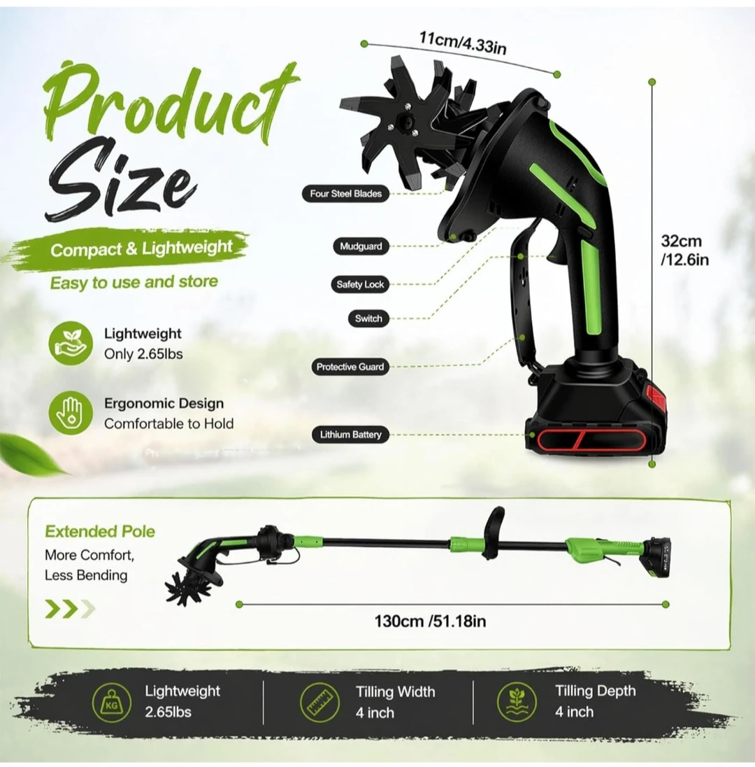 24V Cordless Garden Tiller with 2 Batteries and Charger - photo 2
