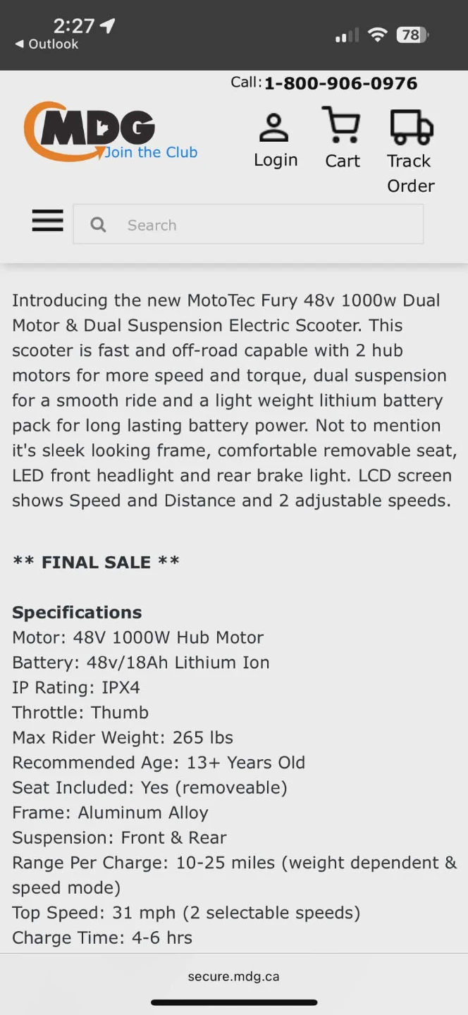 MotoTec Fury 1000W Dual Motor Electric Scooter - photo 3