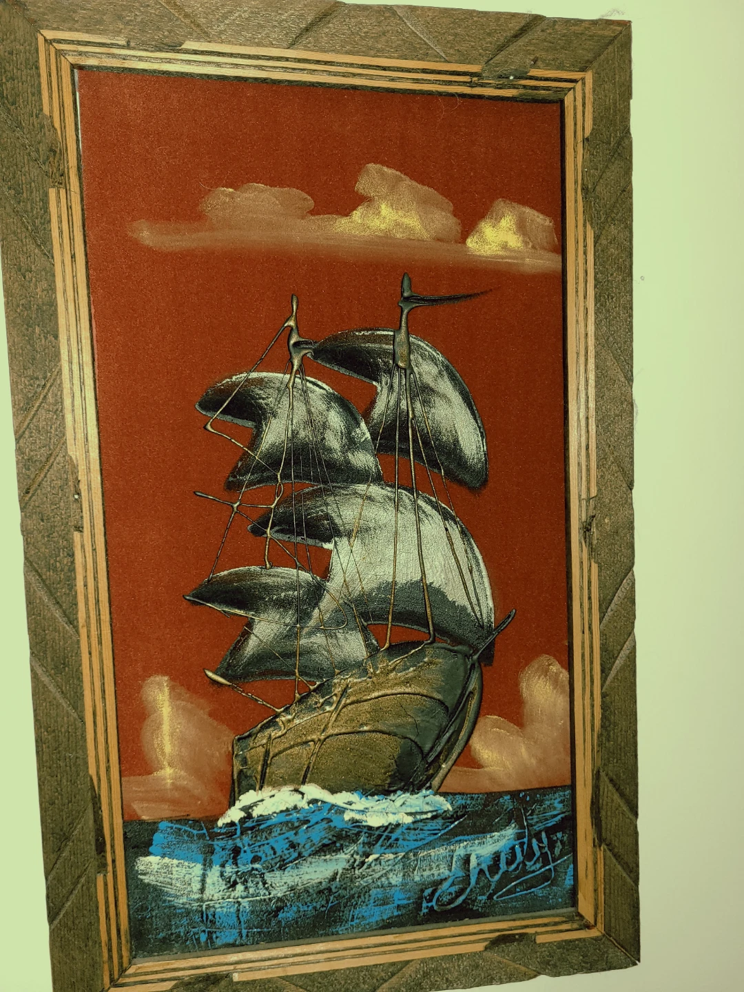 Framed Velour Painting of Sailing Ships