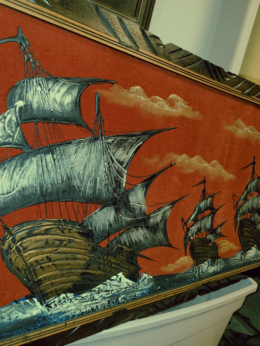 Framed Velour Painting of Sailing Ships - photo 3