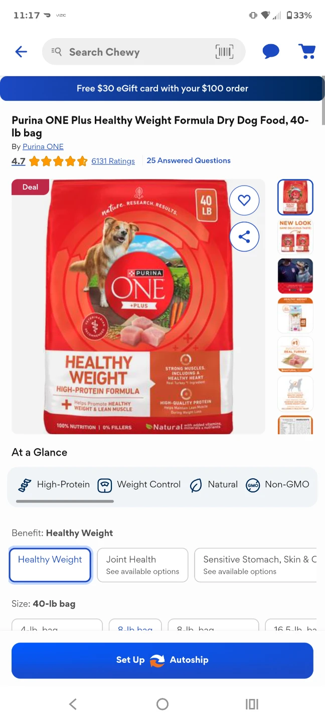 Purina ONE Plus Healthy Weight Formula Dry Dog Food, 40-lb Bag