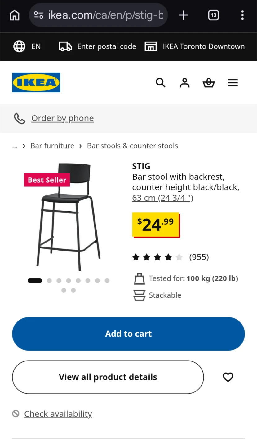 IKEA STIG Bar Stool with Backrest Black - photo 3