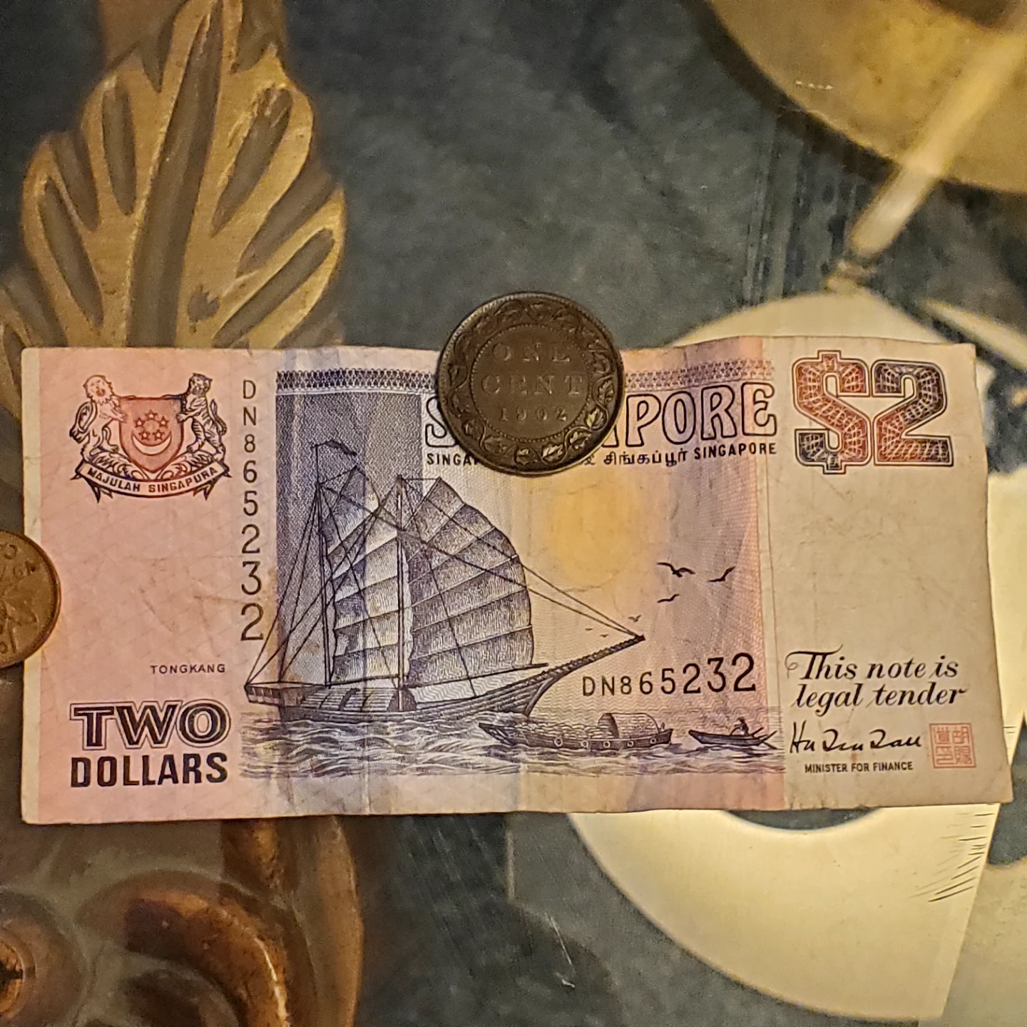 Singapore $2 Dollar Banknote and A 1902 One Cent Coin