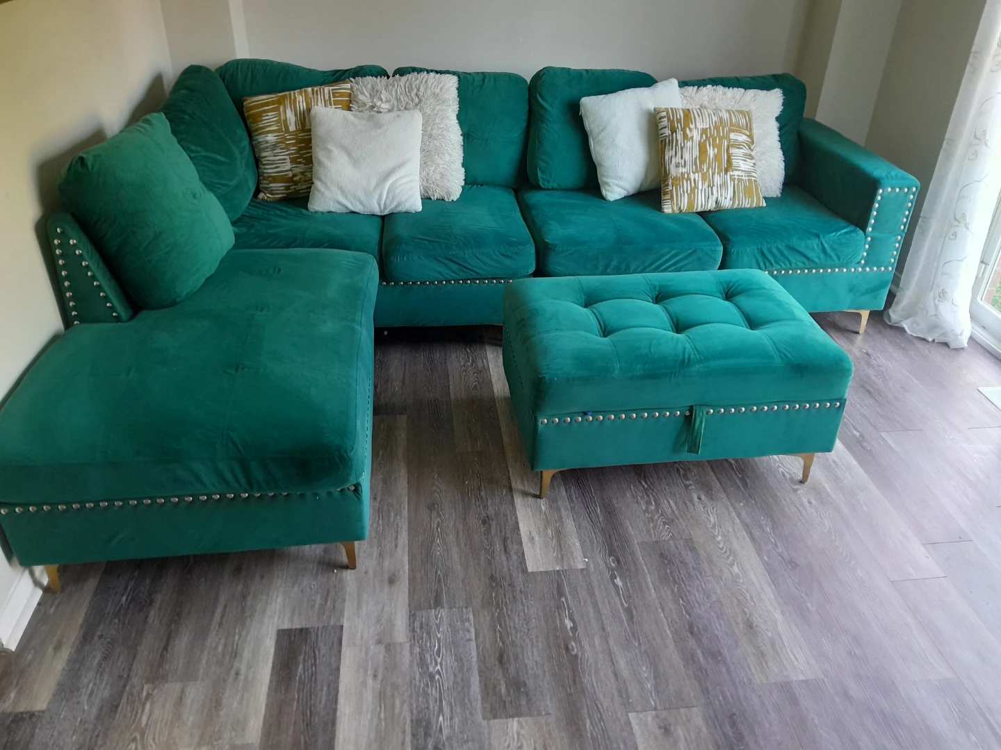 Teal Velvet Sectional Sofa with Storage Ottoman