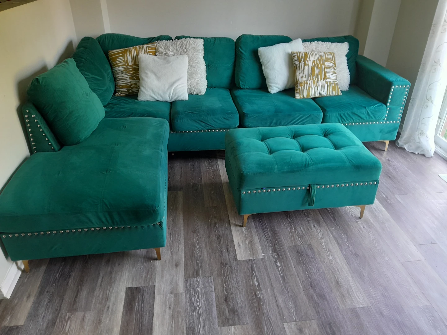 Teal Velvet Sectional Sofa with Storage Ottoman - photo 2