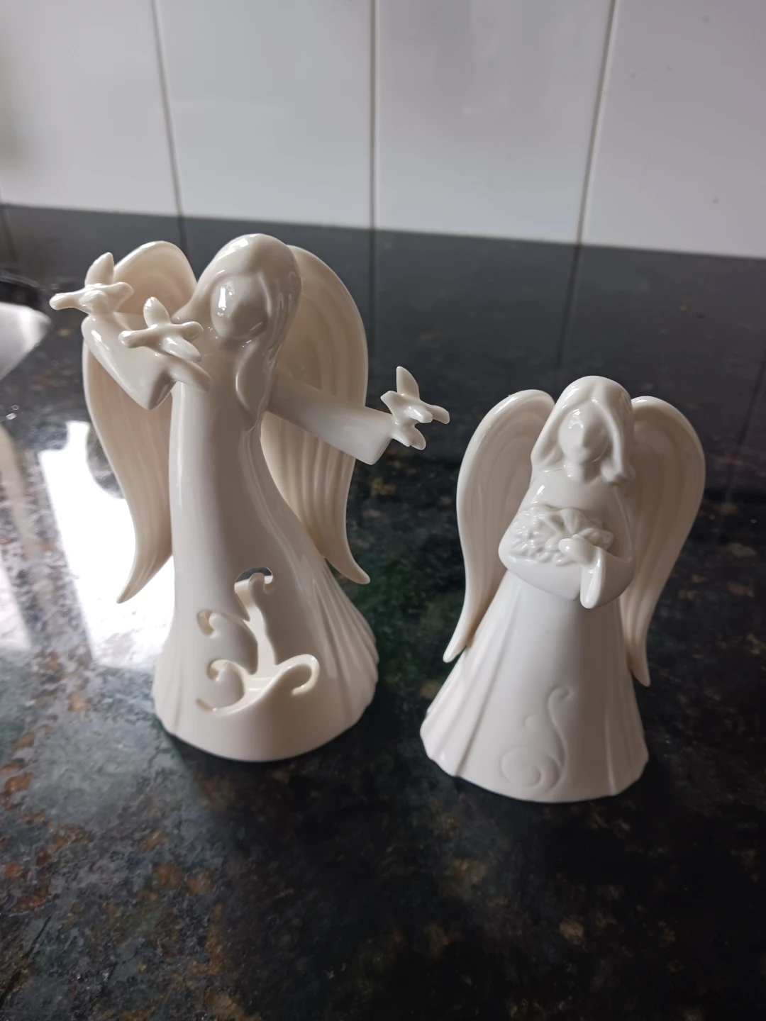 Set of 2 White Ceramic Angel Figurines