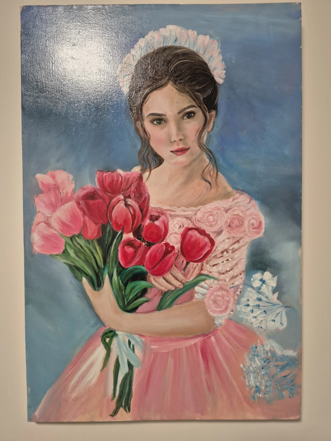 Oil Painting of a Young Woman with Tulips