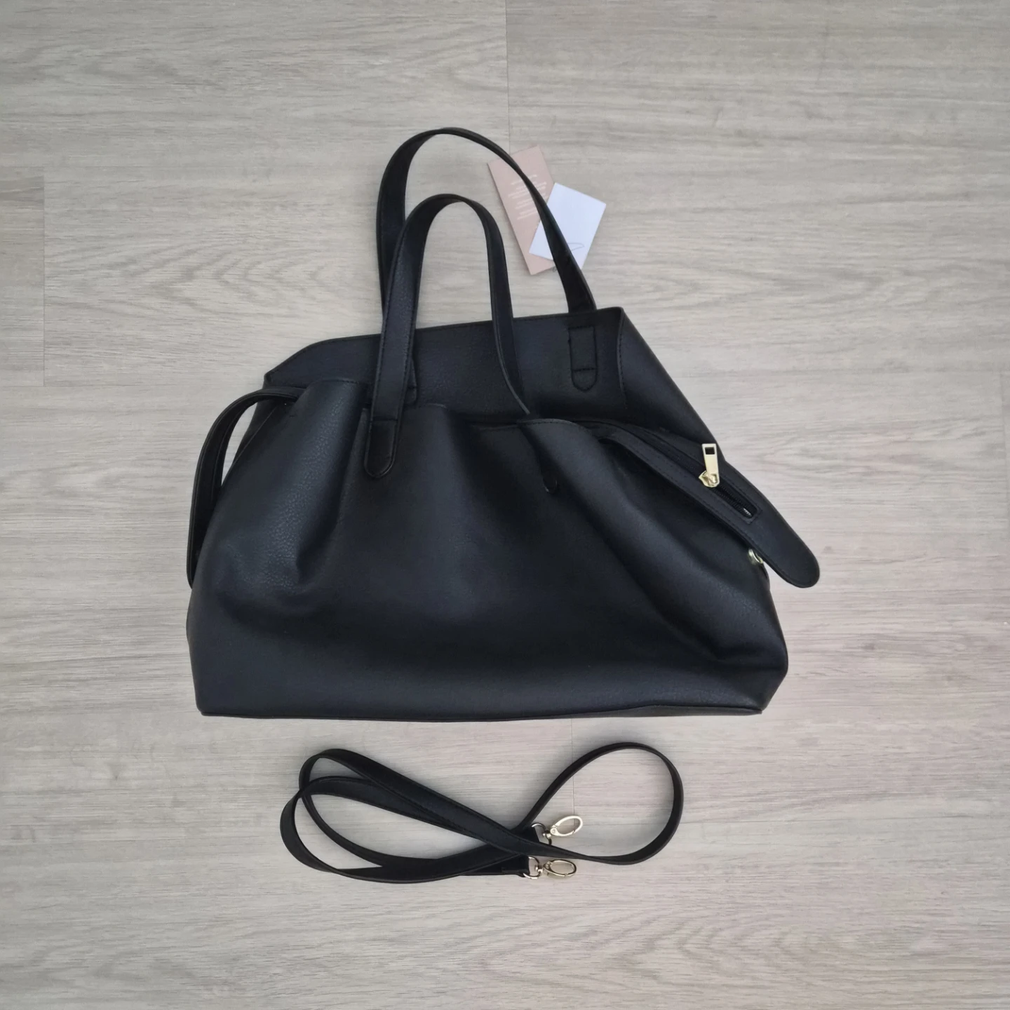 Black Faux Leather Tote Bag with Shoulder Strap - photo 4