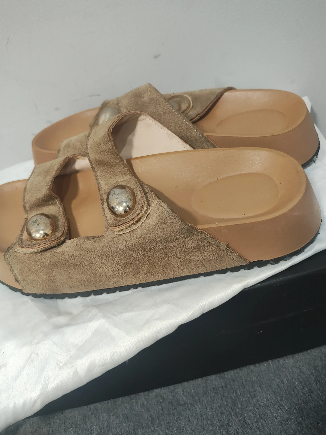 Tan Suede Slide Sandals