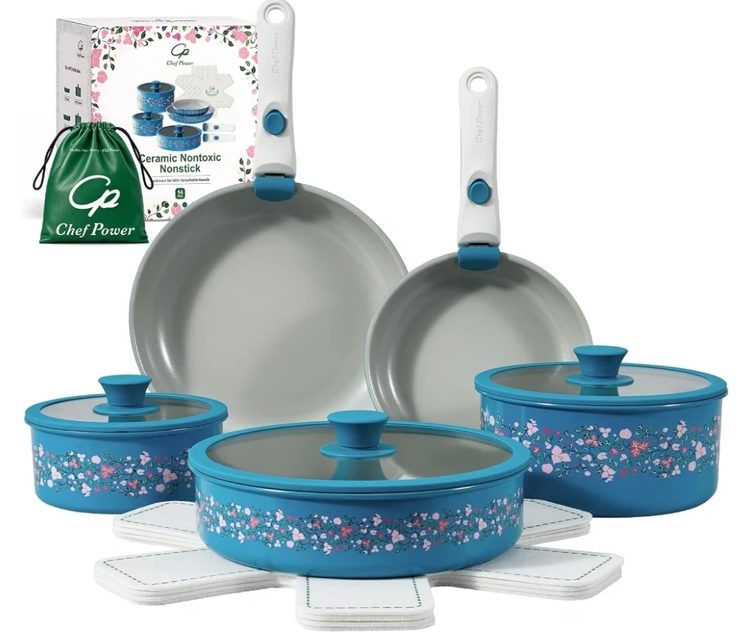Chef Power 14 Pc Ceramic Cookware Set with Detachable Handles