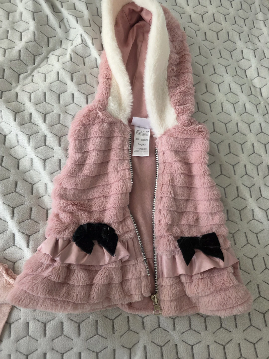 Faux Fur Hooded Vest with Bows - 0/4M