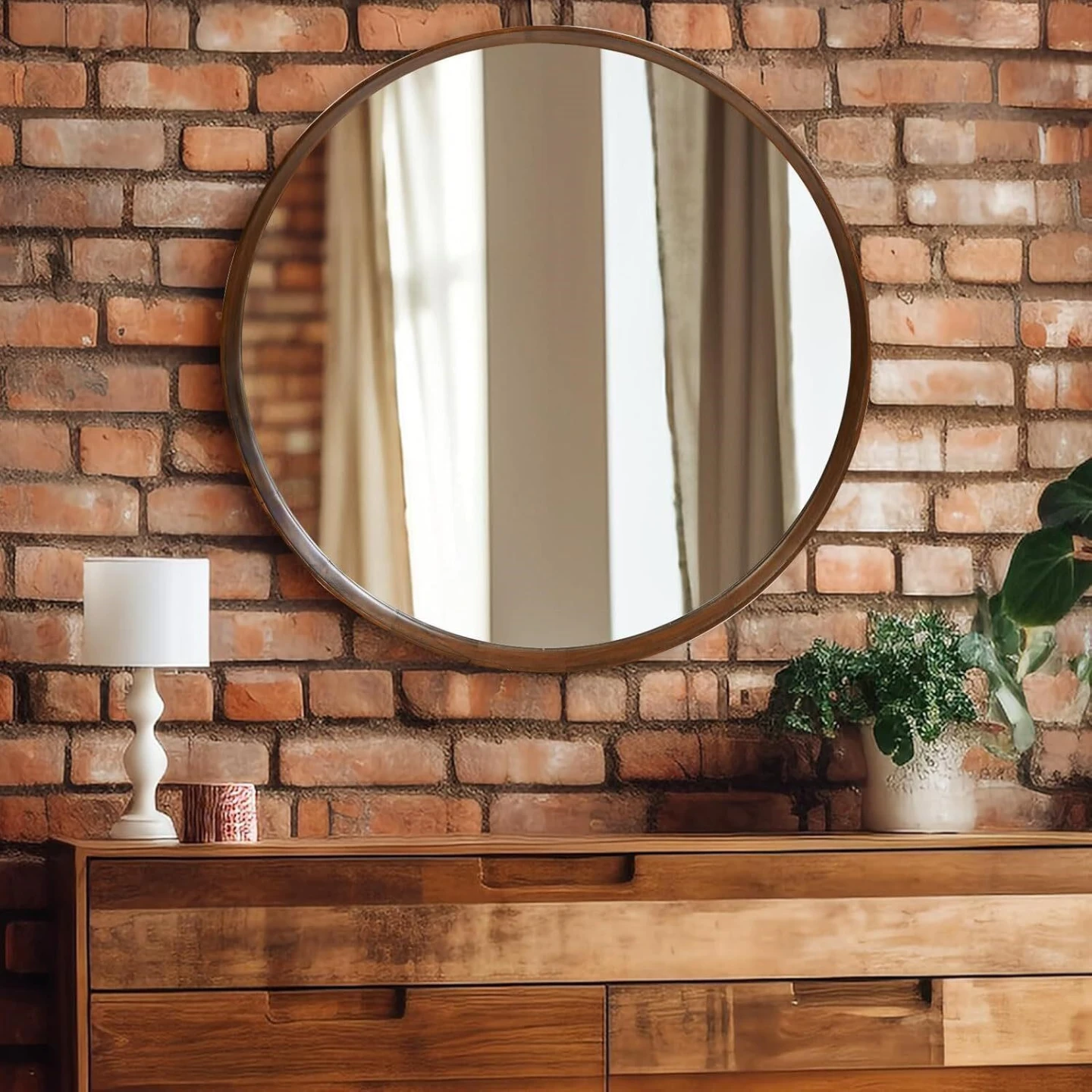 Round Mirror 24" Center Brown Wood Wall Mirror