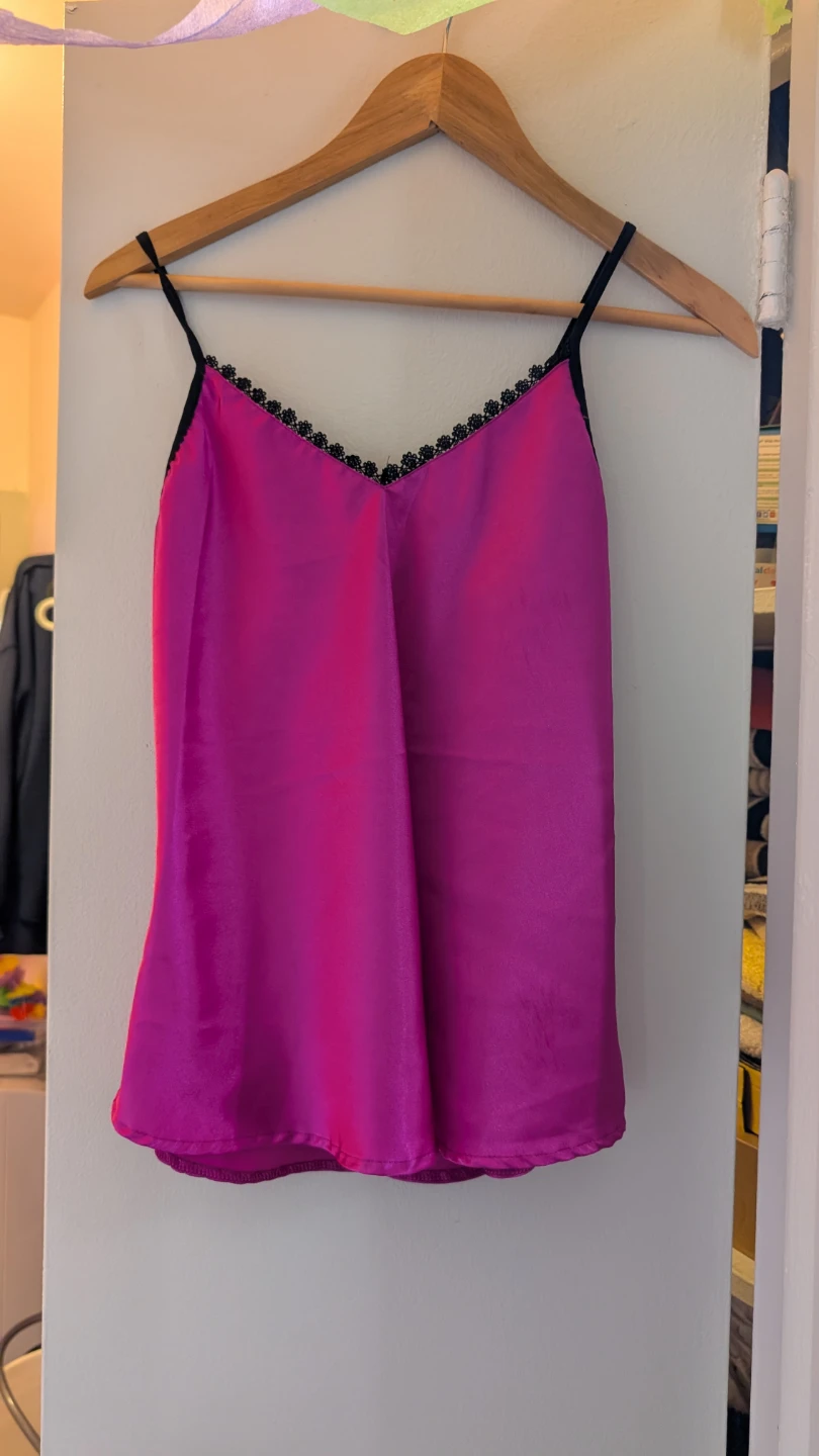 Pink silk Camisole Top with Black Lace Trim