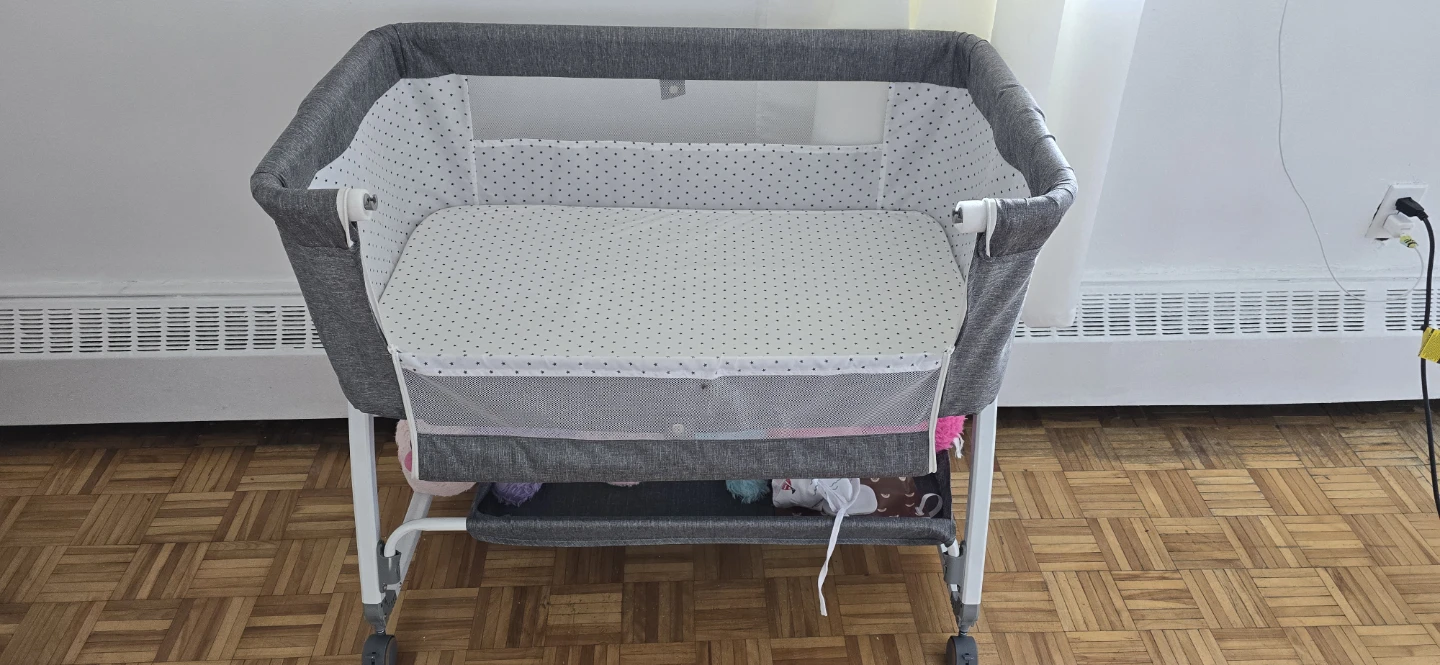Grey Bassinet with Polka Dot Bedding