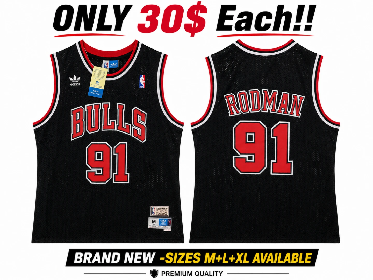 M+L+XL Dennis Rodman Chicago Bulls #91 Adidas Jersey