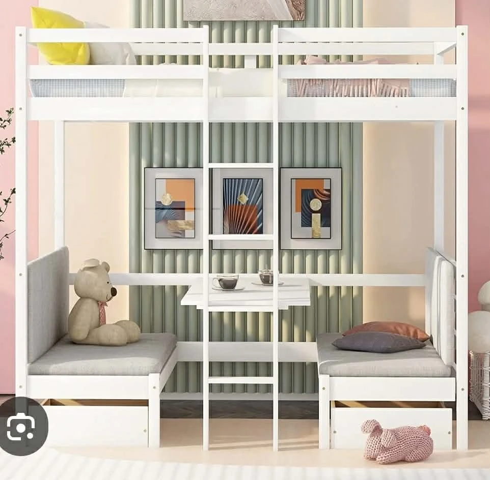 White Twin Bunk orLoft Bed with Desk and Seating