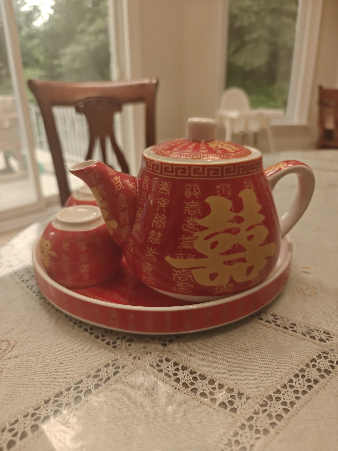 Red Chinese Tea Set with Teapot and Cups