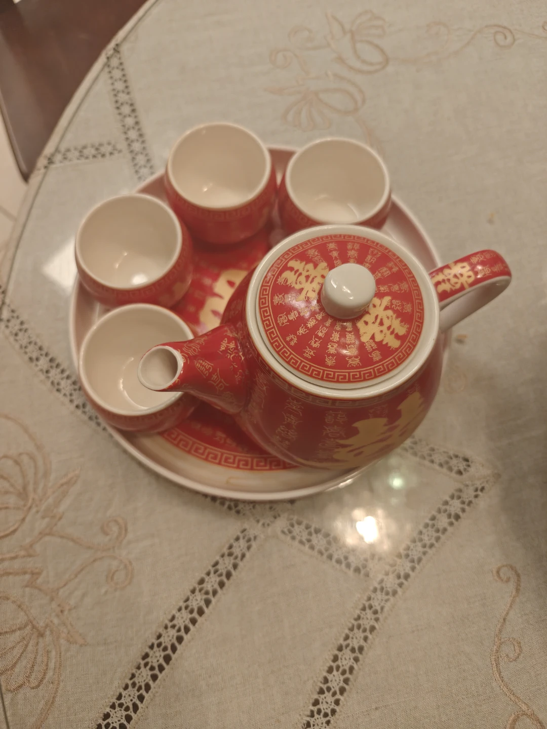 Red Chinese Tea Set with Teapot and Cups - photo 2