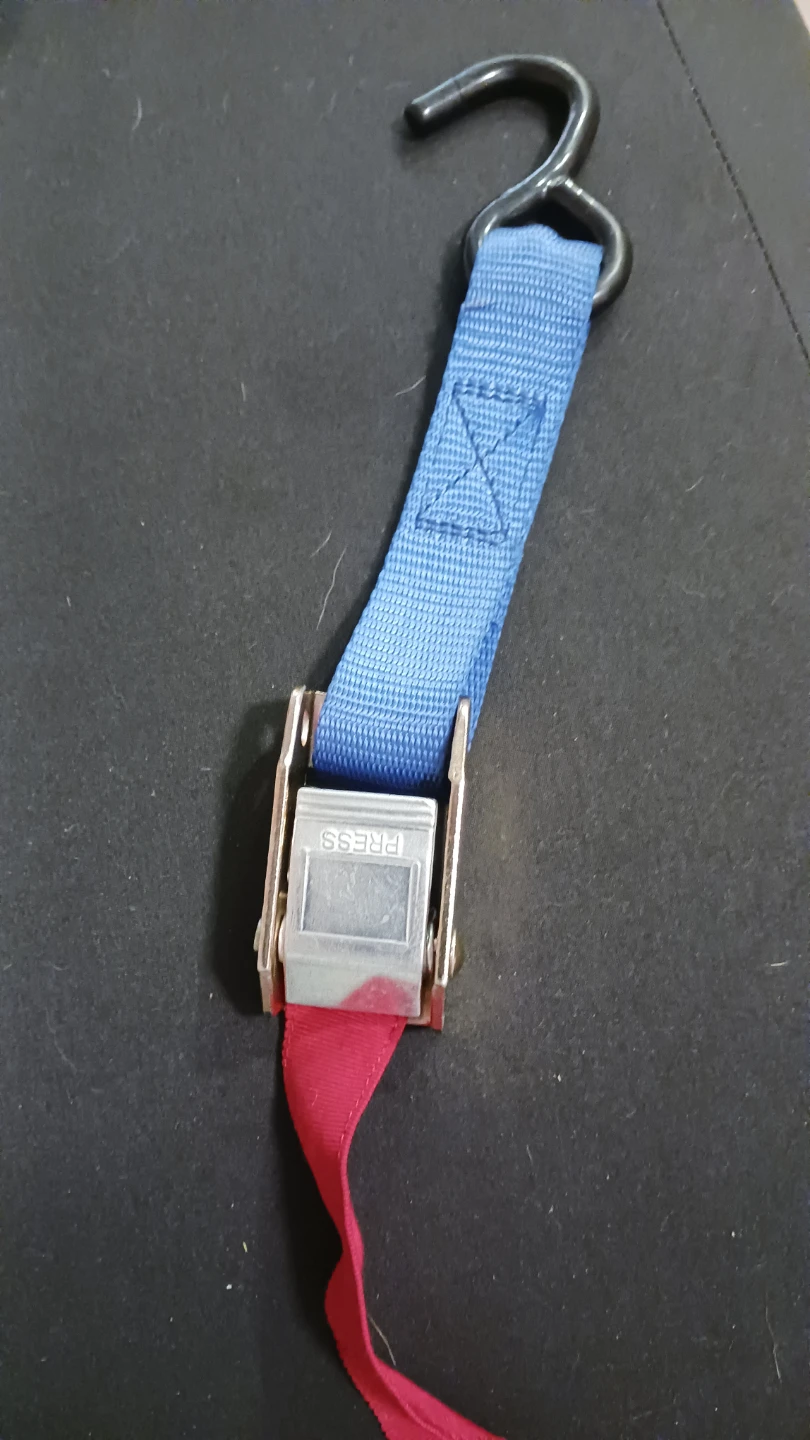 Blue and red tie-down strap with S-hook