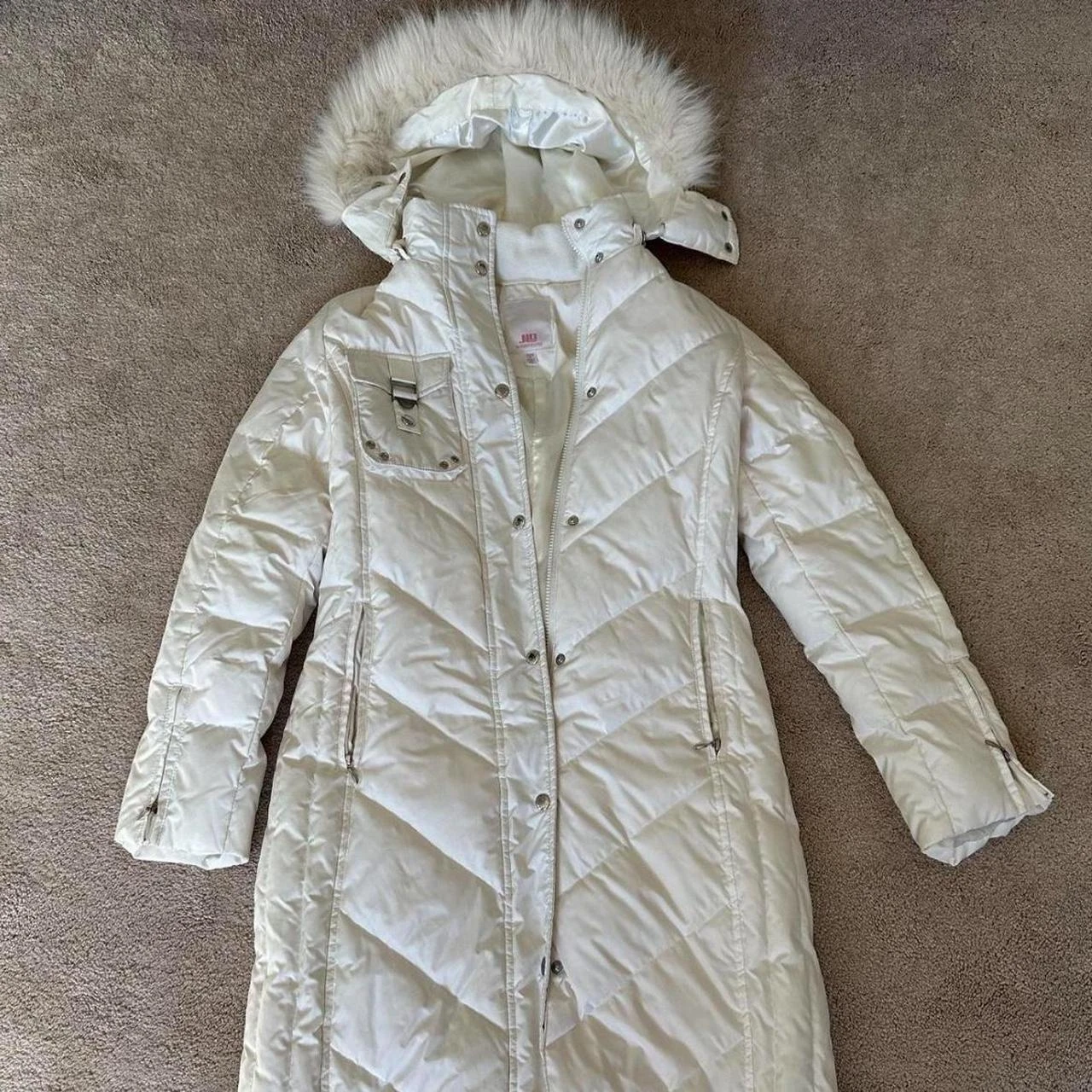 J-Lo White Down Puffer Coat with Faux Fur Hood