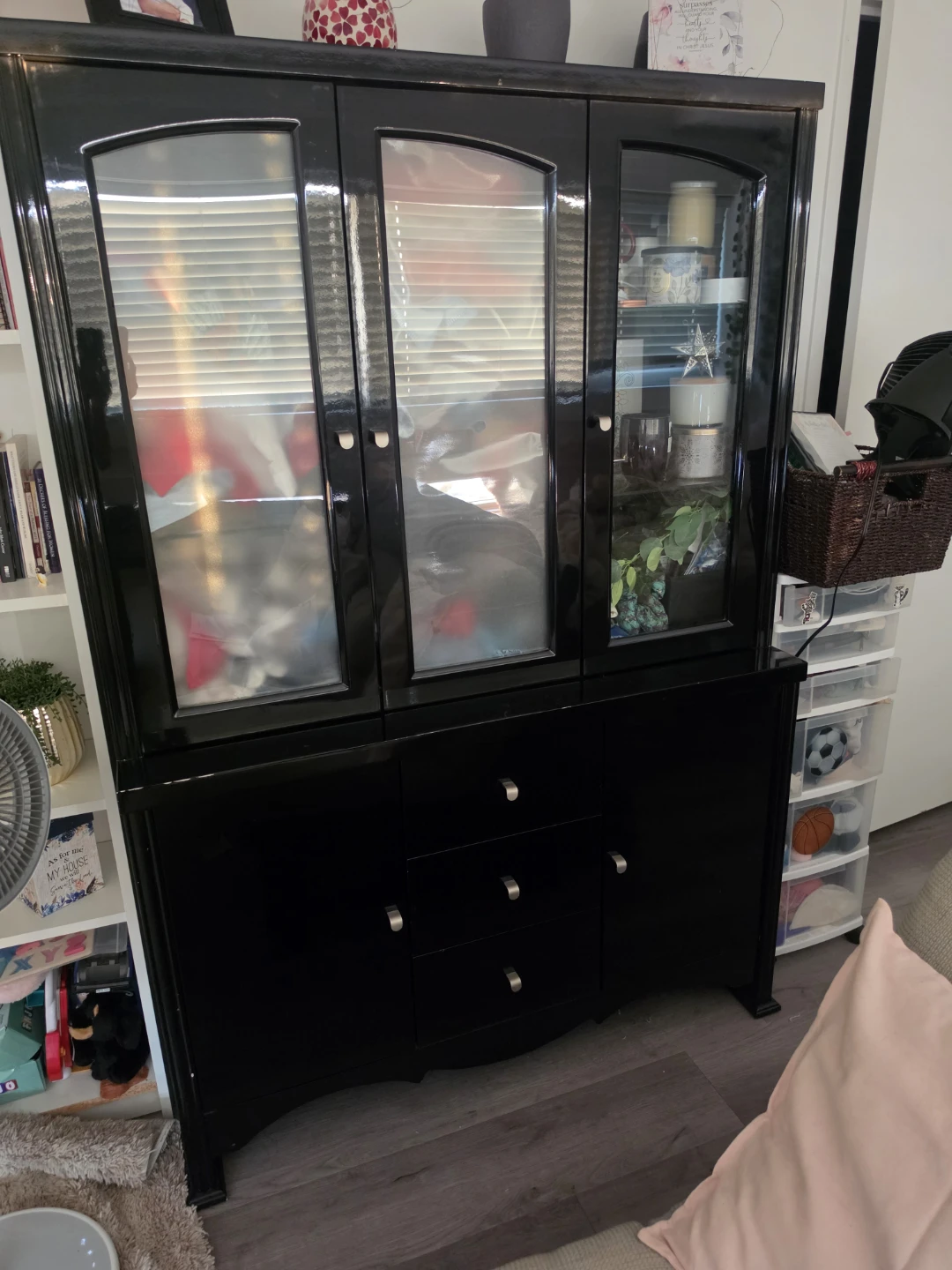 Black Display Cabinet with Glass Doors and Drawers