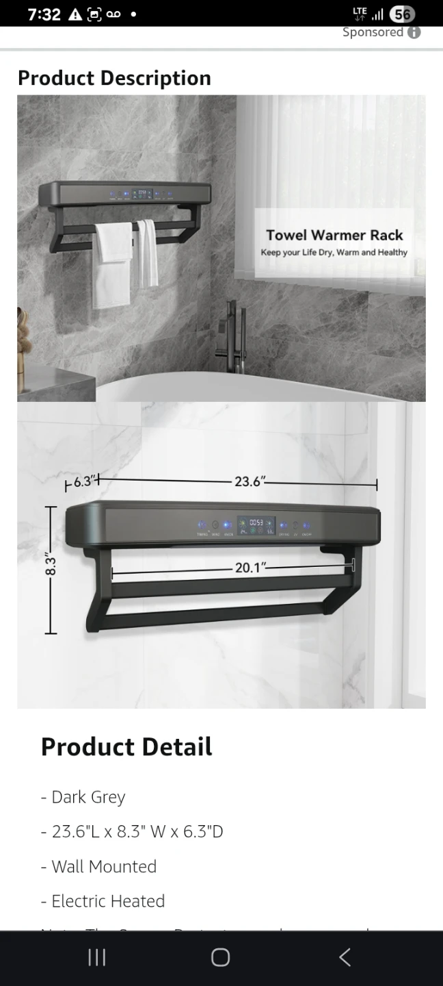SOLIDEE Electric Heated Towel Rack with Touch Screen - Dark Grey